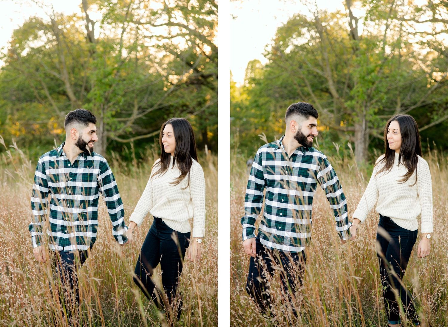Sweet couple walking through tall grass field during golden hour photoshoot.