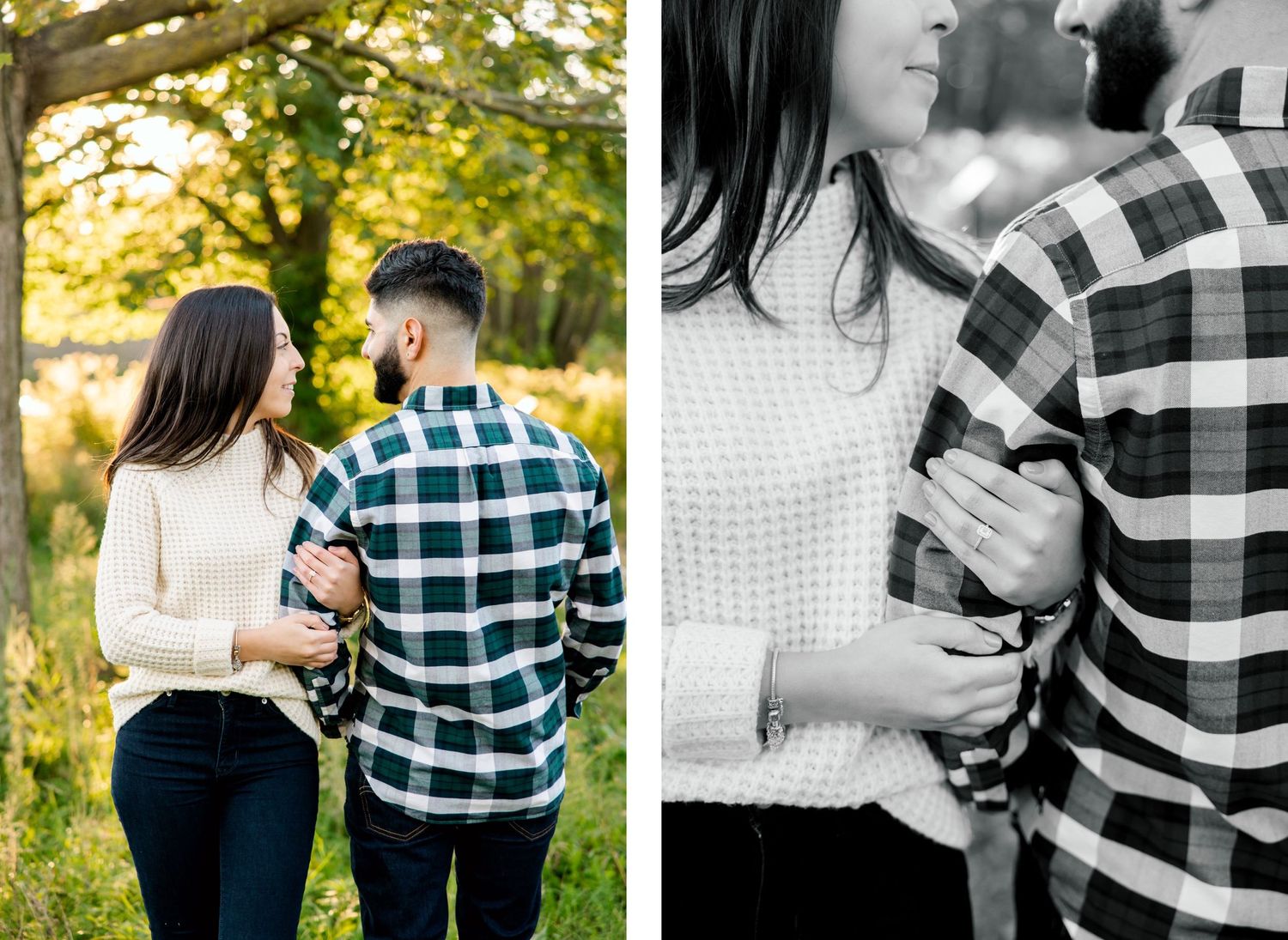 Side by side photos of couple in coordinating outfits sharing intimate moments outdoors.