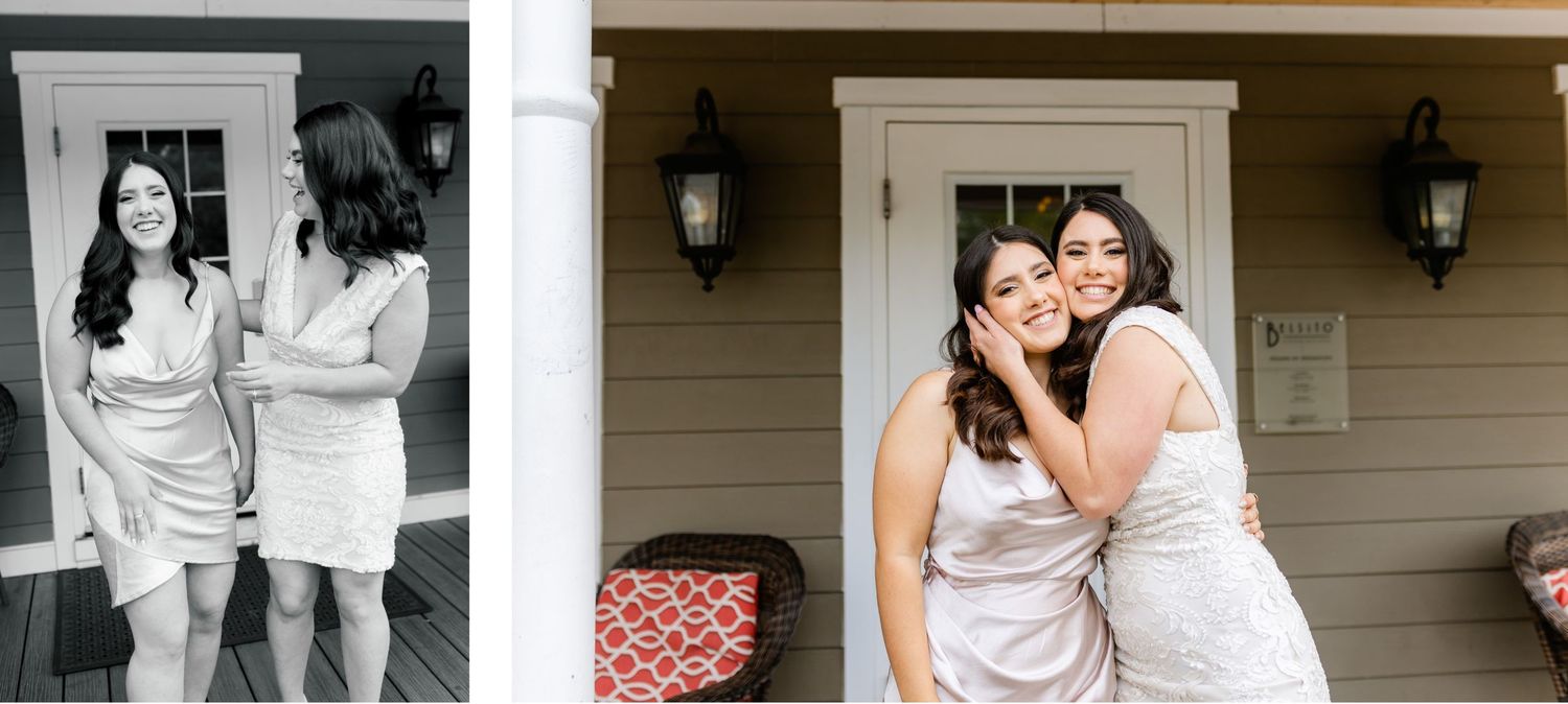 Two women in light colored dresses posing together on a porch with lanterns and red cushions.