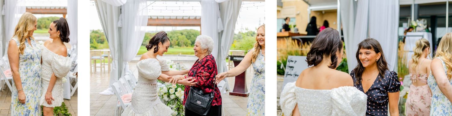 Collection of candid celebration moments inside white draped tent setting.