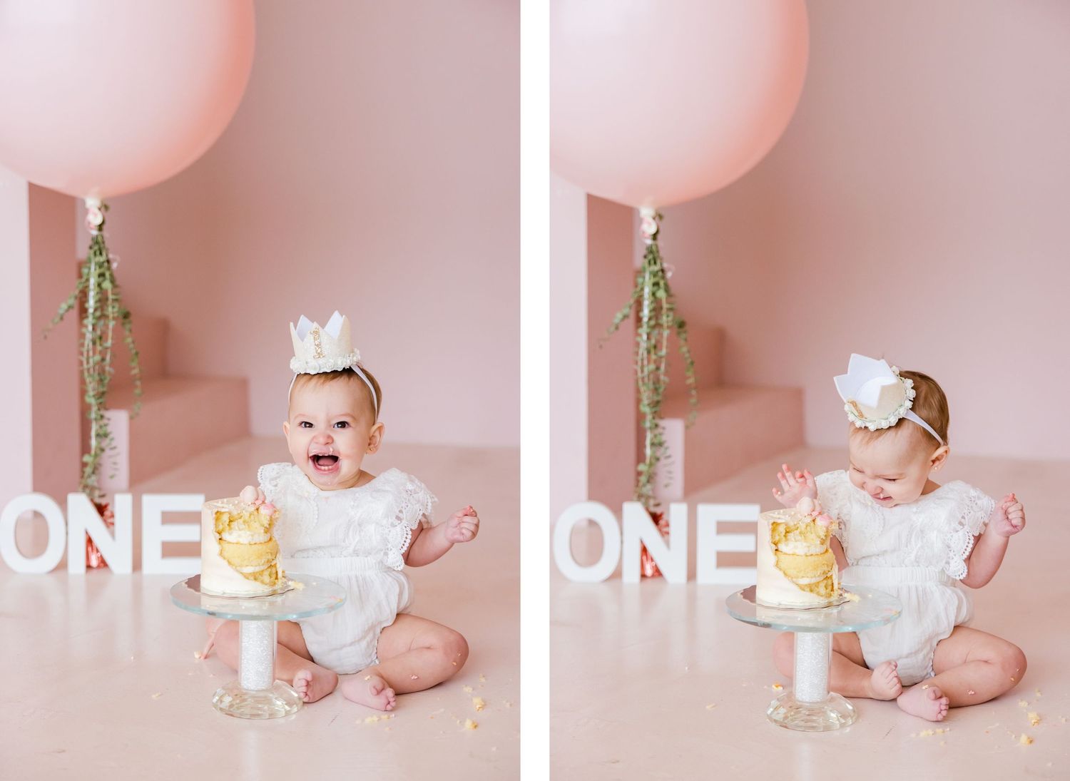 Side by side photos of first birthday celebration with large pink balloon and 'ONE' lettering.