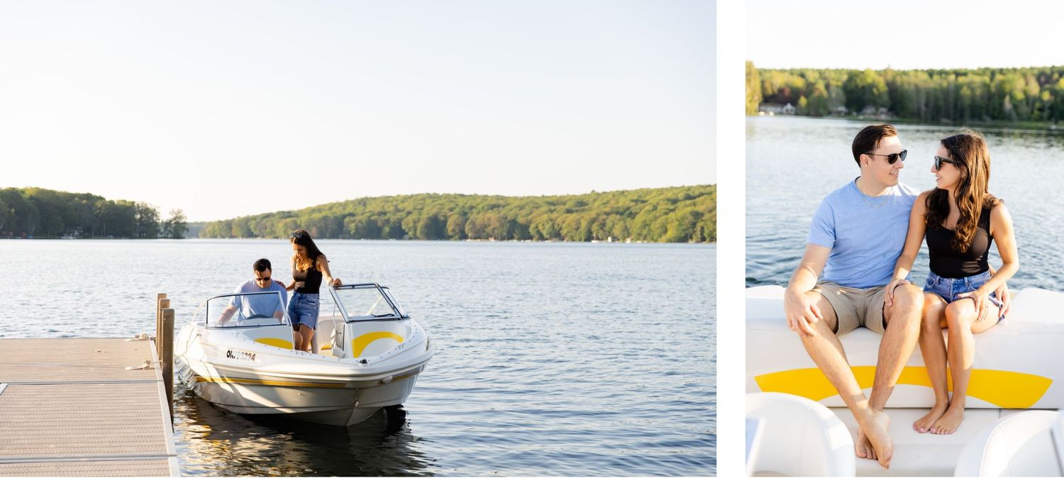 Romantic lakeside boat photoshoot with couple sitting on white and yellow speedboat near dock.
