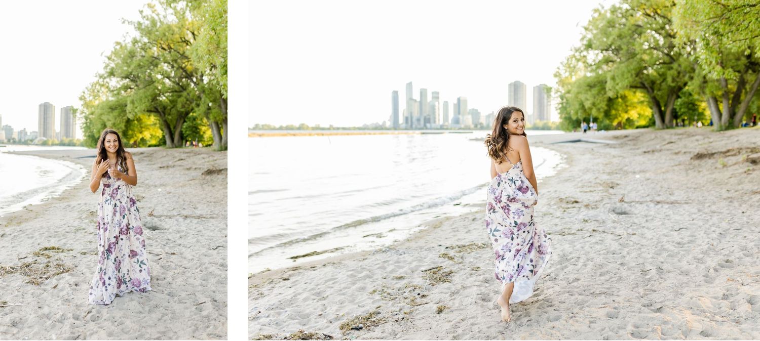 White floral maxi dress flows in the breeze during a photoshoot by the water.