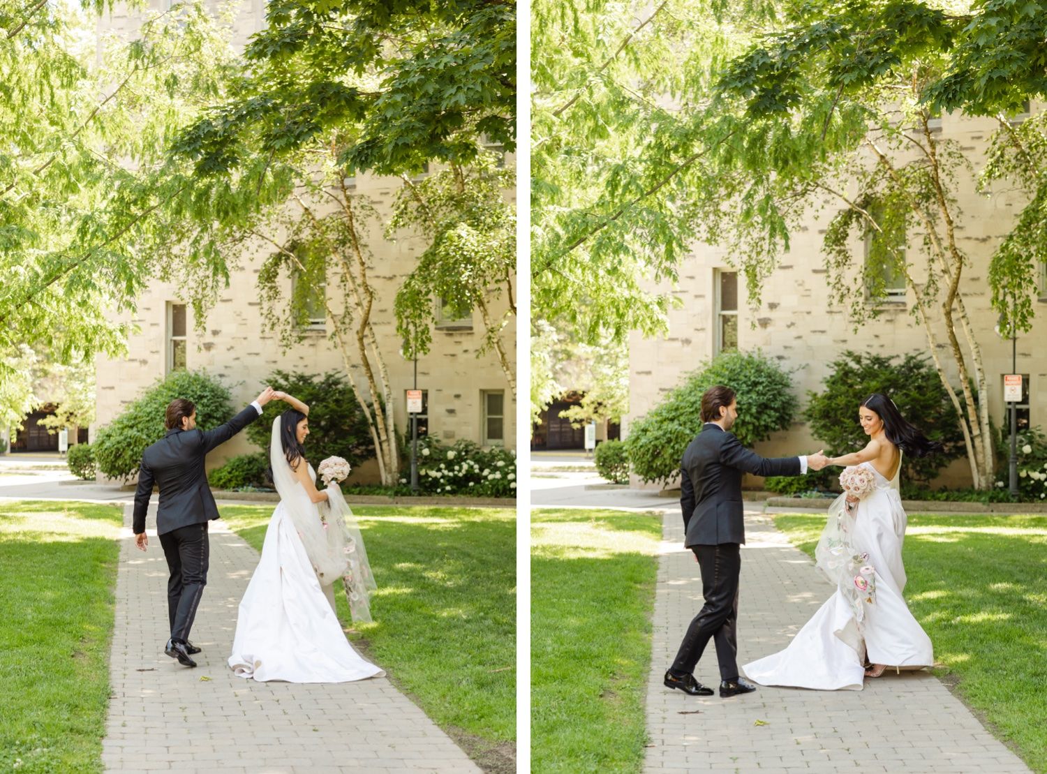 A couple dances and twirls on a garden path during their wedding celebration.