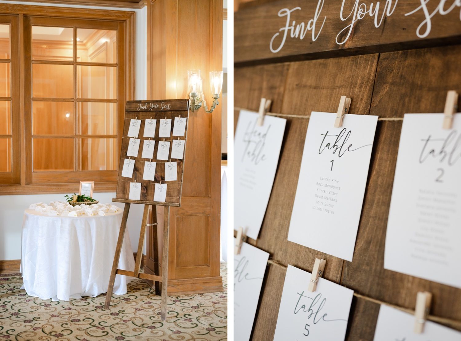 Wedding reception seating chart and table arrangements displayed elegantly in a venue with wooden panels and white decor.