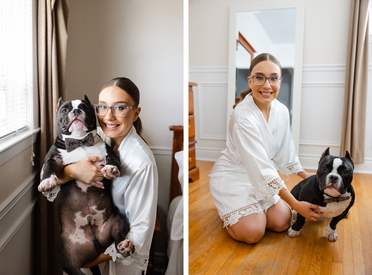 Wedding preparation scenes with Boston Terrier and person in white robe.