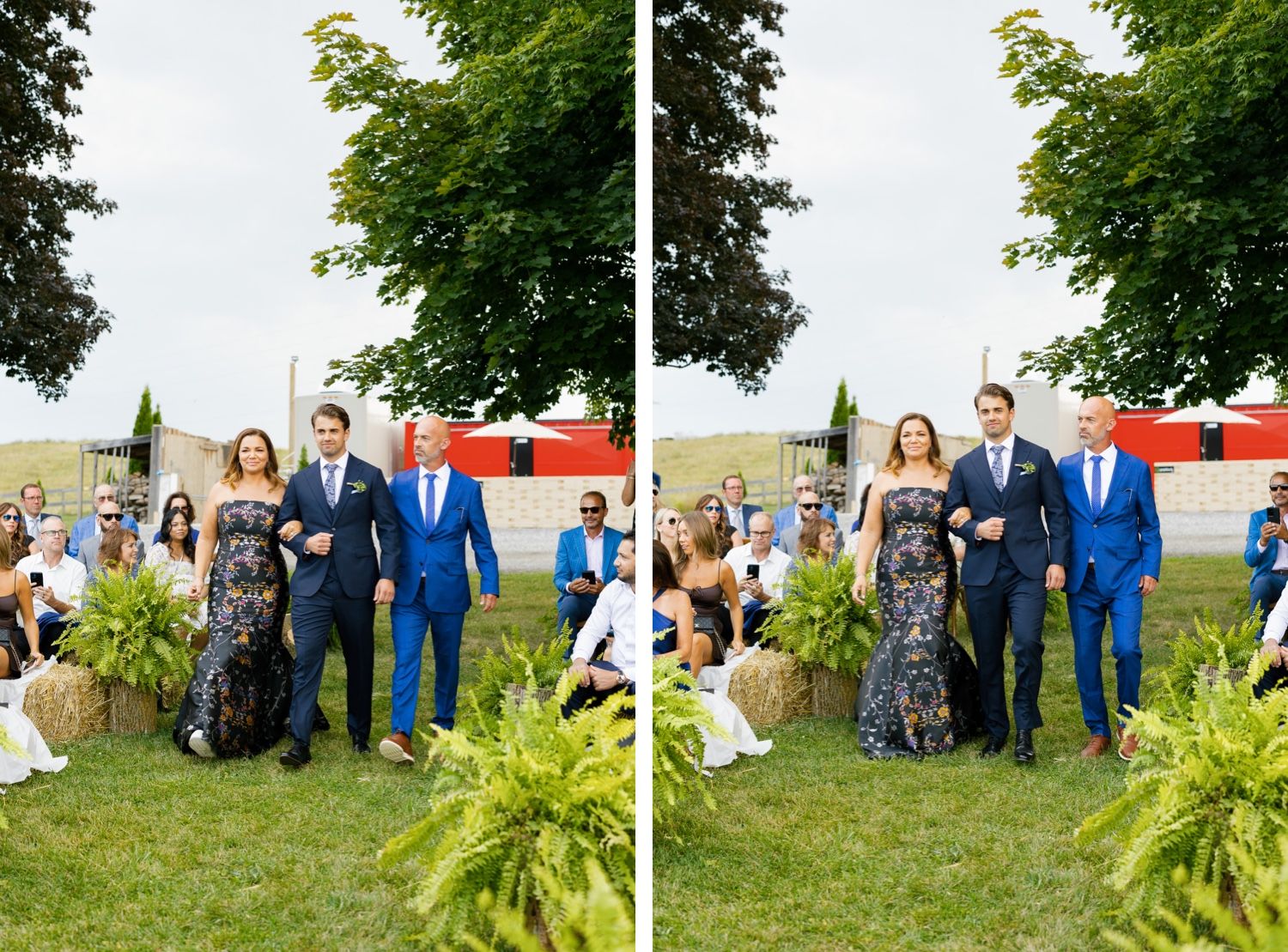 Wedding party members in formal attire pose for group photos outdoors with ferns and trees in background.
