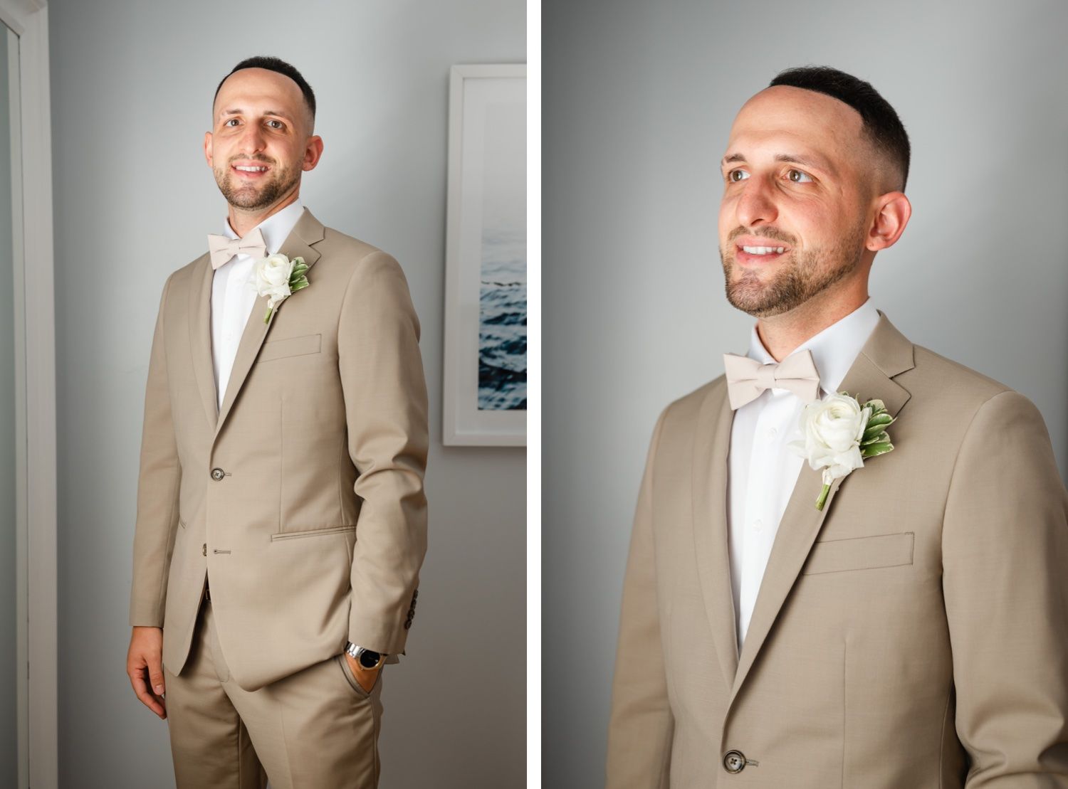 Side-by-side formal portraits showing a light-colored suit and white bow tie combination.