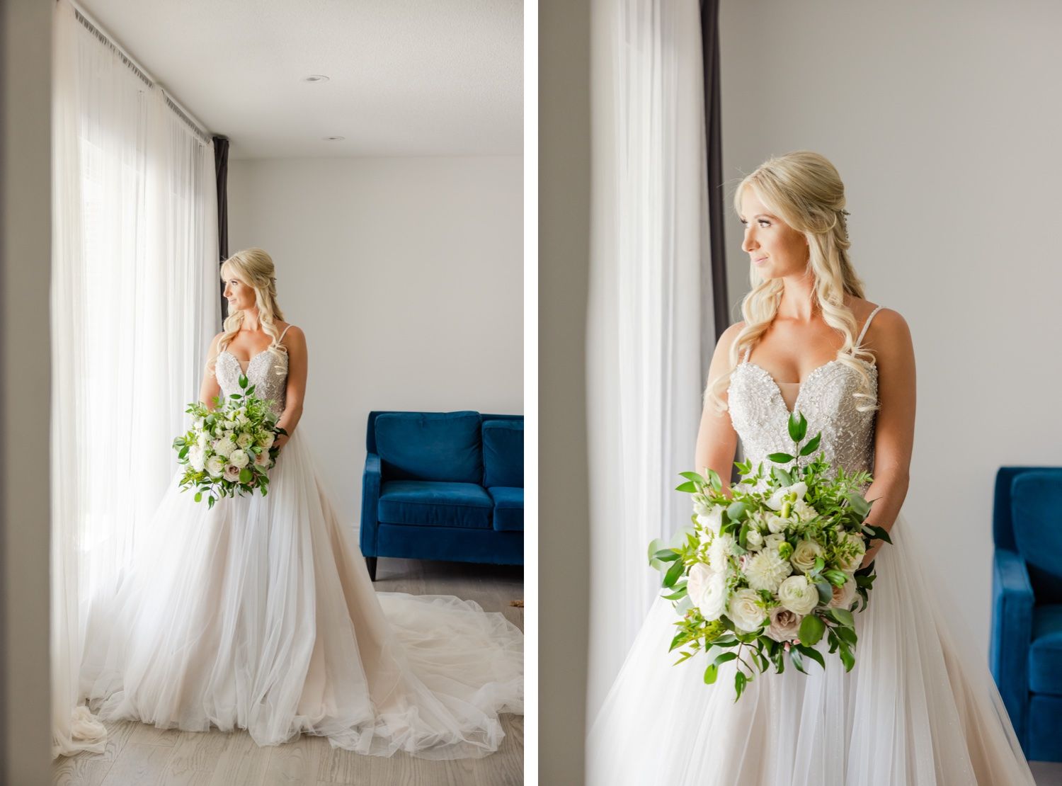 Two elegant bridal portraits showing a flowing white wedding dress against a bright window and blue couch.