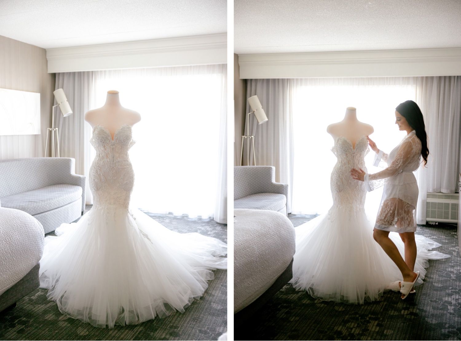 Beautiful mermaid wedding dress displayed on mannequin in sunlit hotel room.
