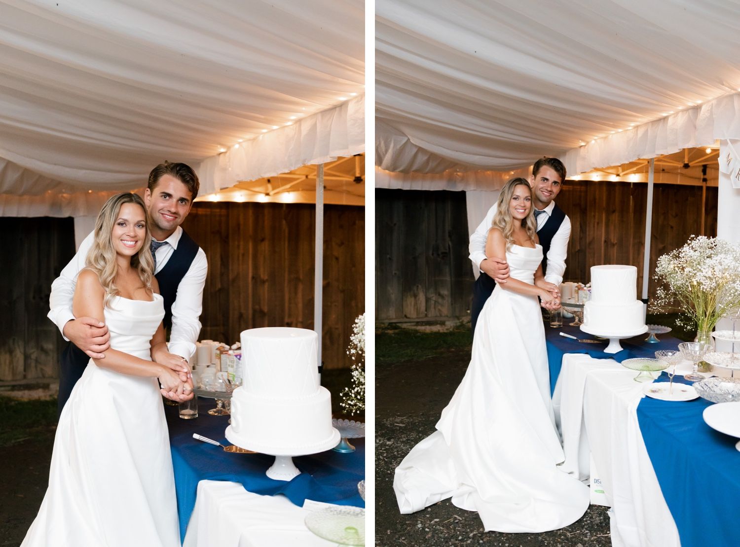A couple cuts their wedding cake together at their reception, shown in two similar poses.