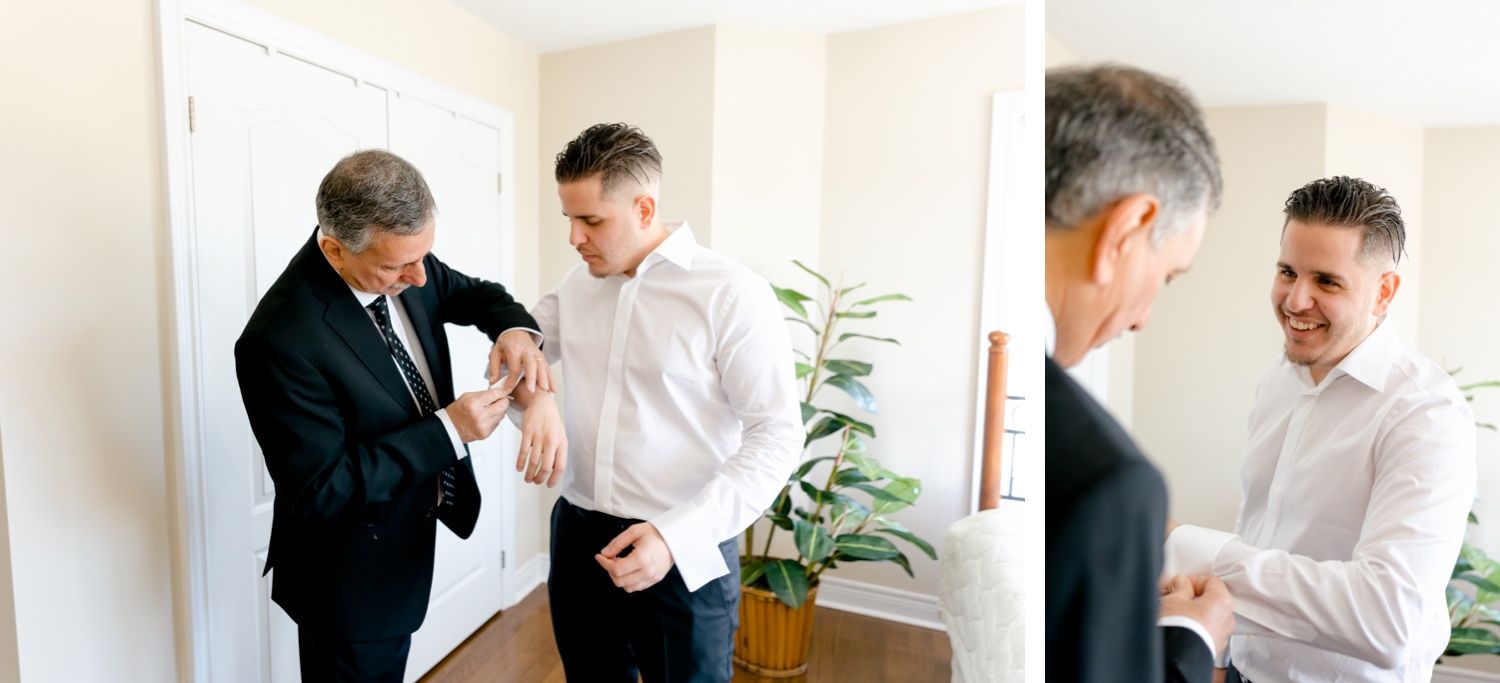 Wedding preparation scene showing men adjusting formal attire.