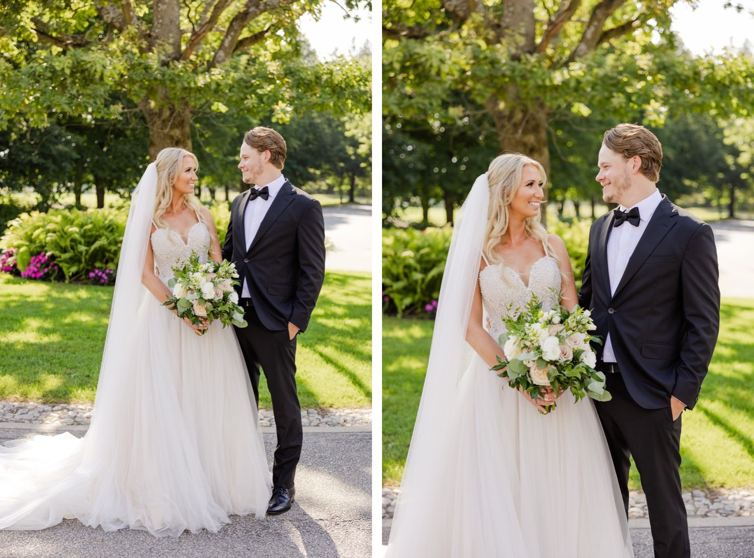 Side-by-side wedding portraits of a couple in formal attire against a garden backdrop.
