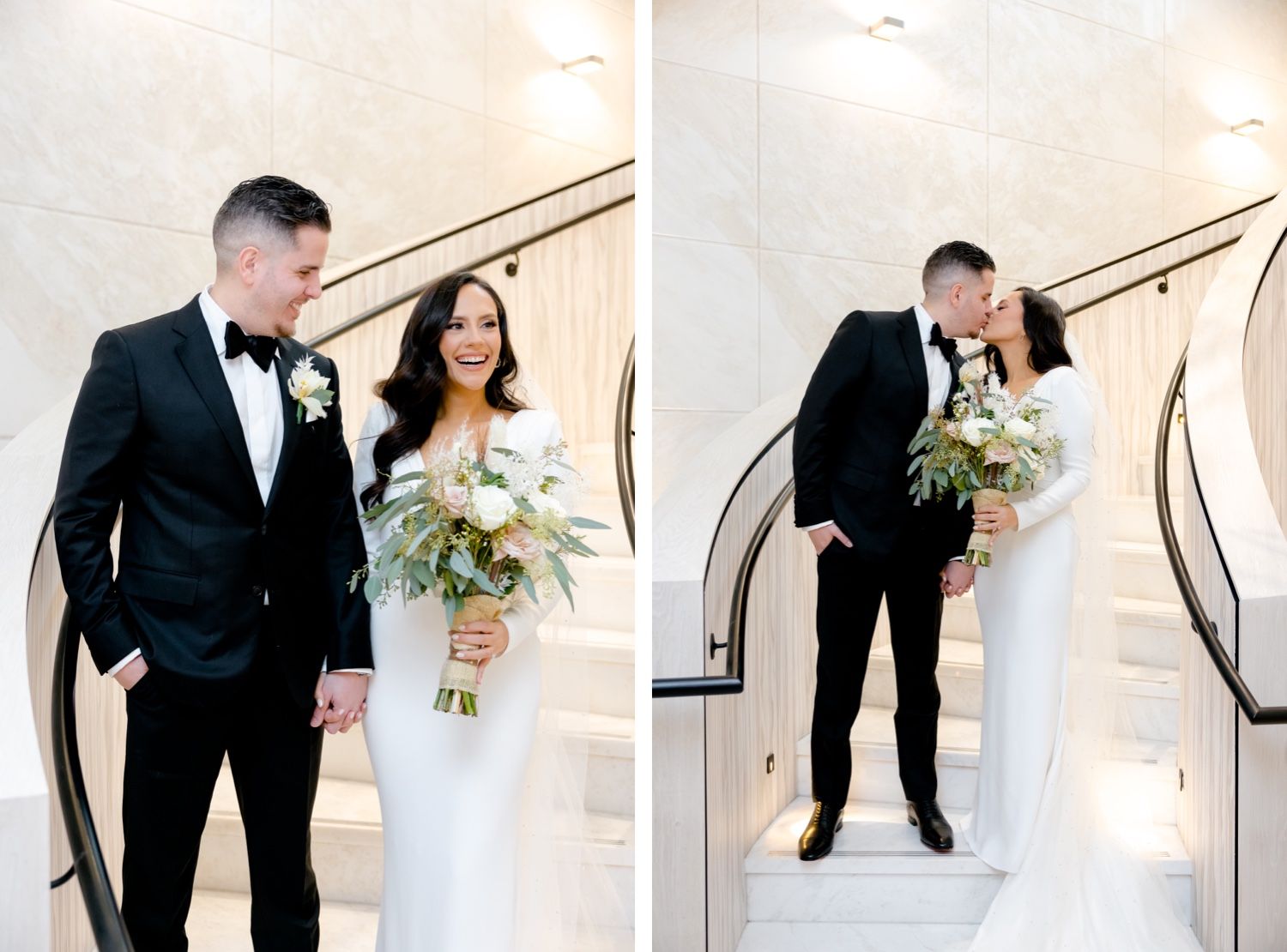 Wedding couple share romantic moments on grand white marble stairs with elegant black railing.
