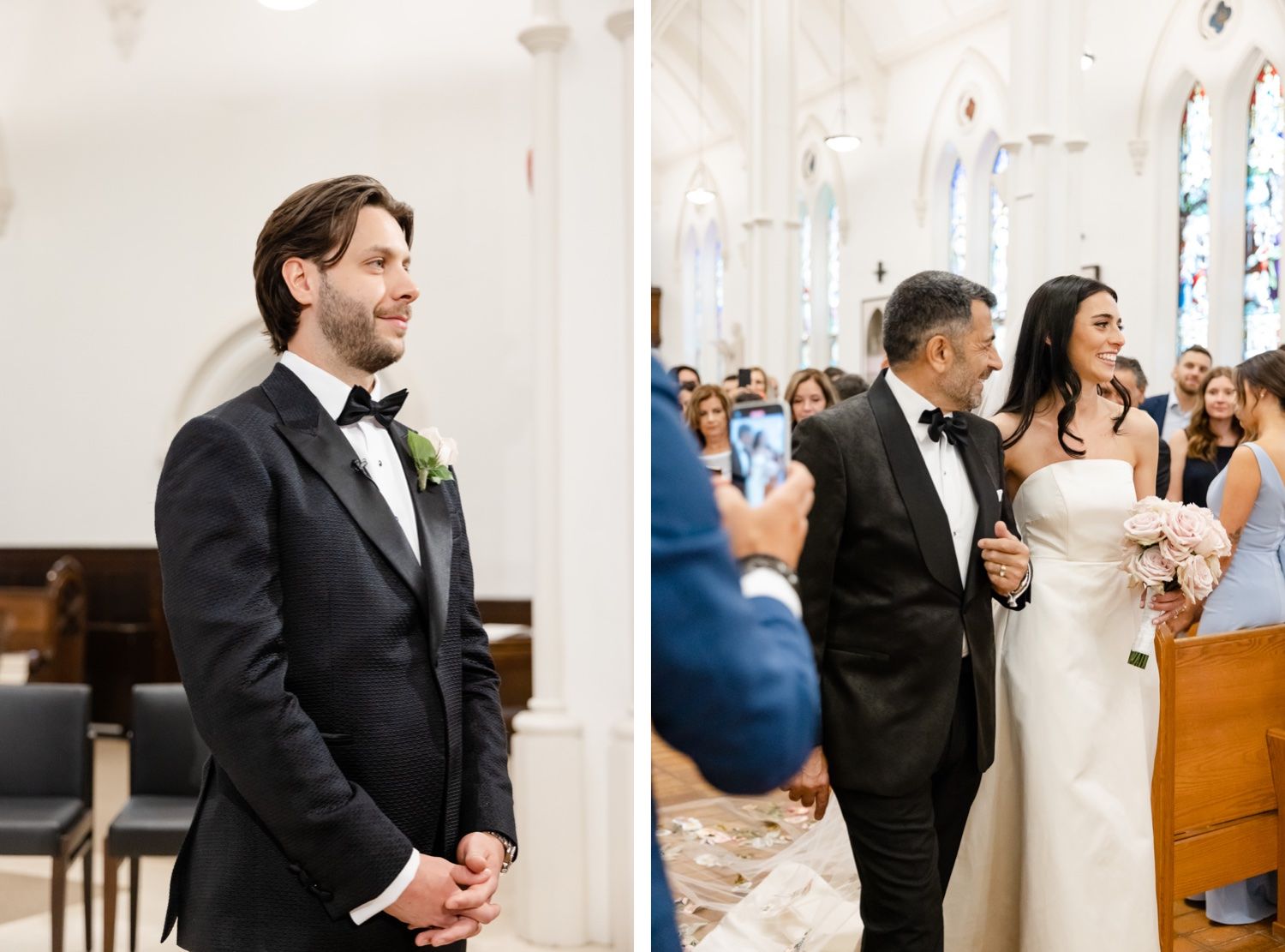 Wedding ceremony moments captured in a church with elegant architecture and stained glass windows.