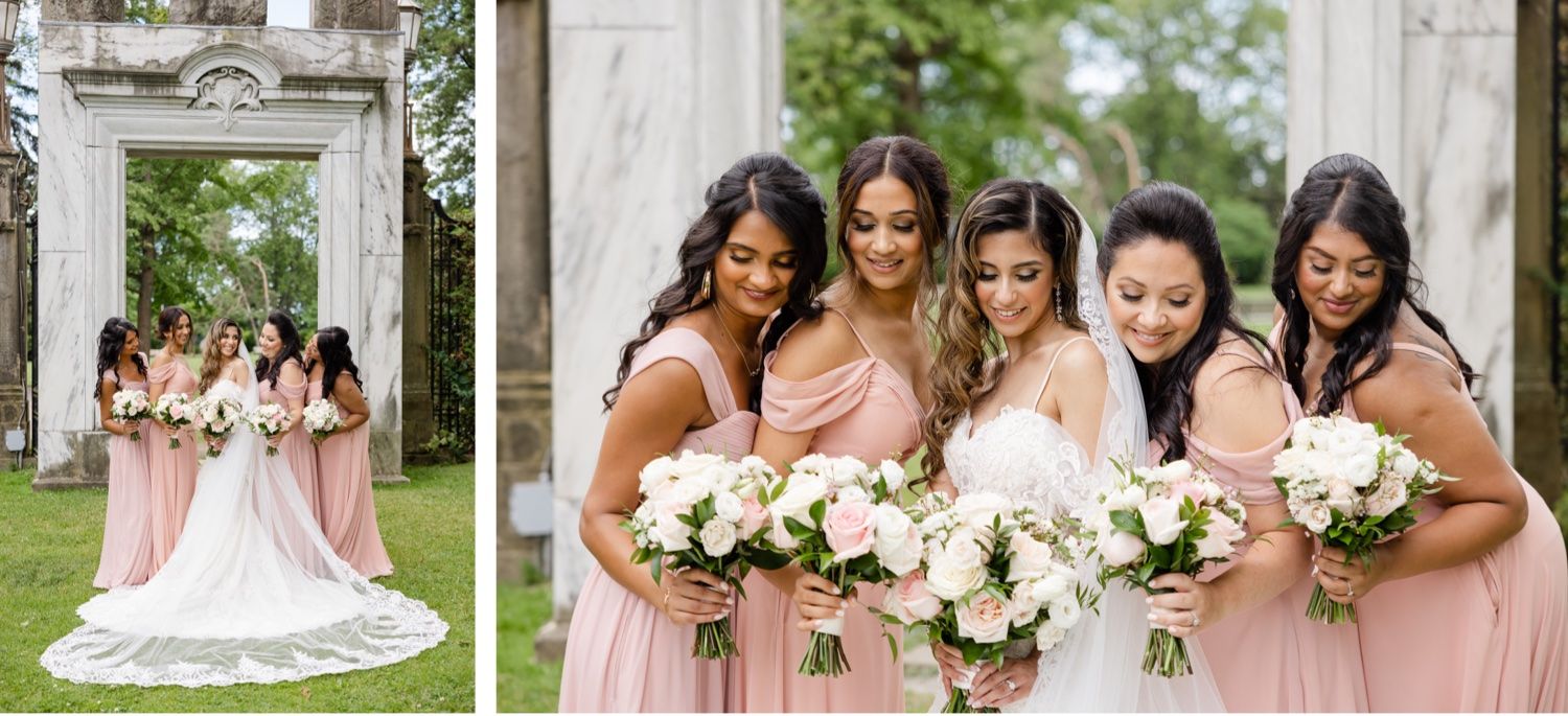 Side-by-side wedding party photos showing bridal group in pink and white under classical stone archway.