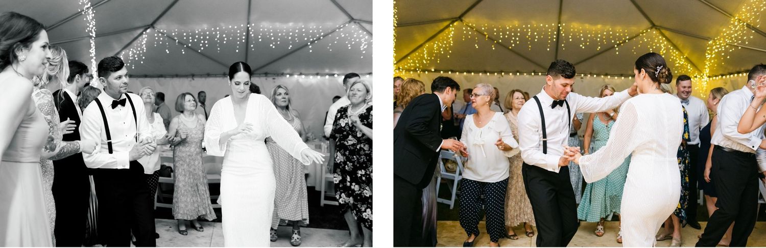 Split images showing wedding party dancing under tent with string lights.
