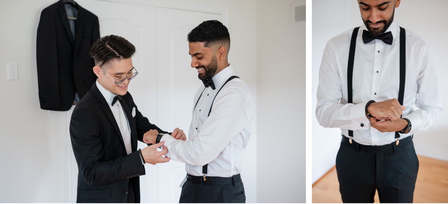 Groomsmen sharing laughs while getting ready for the ceremony.