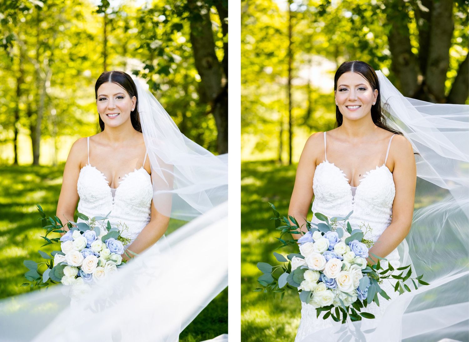 Side-by-side portraits of bride with flowing veil in sunlit garden.