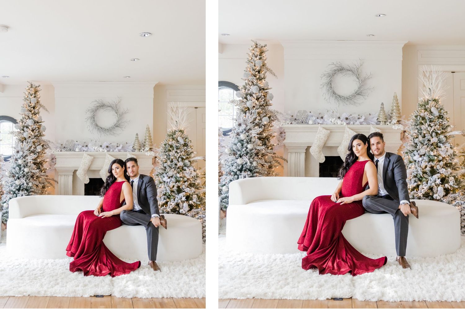 Side by side photos of a couple posing on white furniture with holiday decorations.