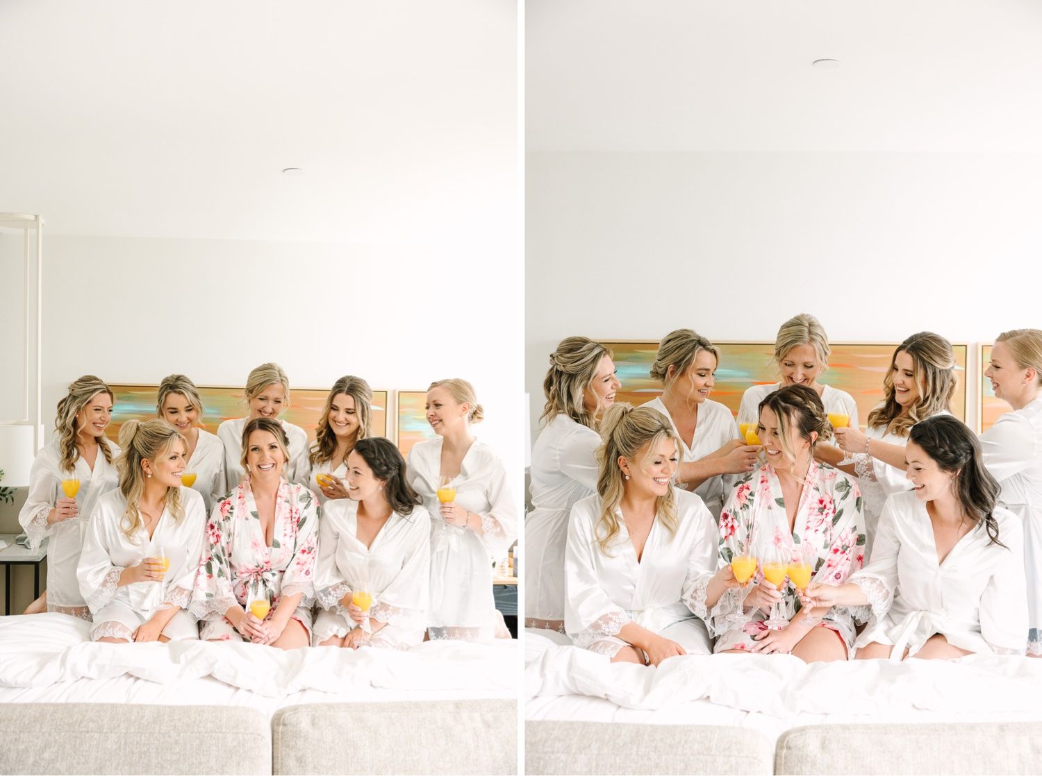 Bridal party in white robes relaxing on bed while getting ready for wedding day.