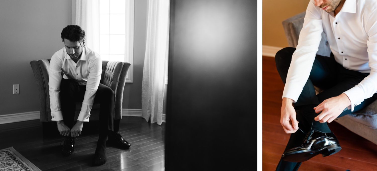 Split image showing wedding preparation moments with formal attire.