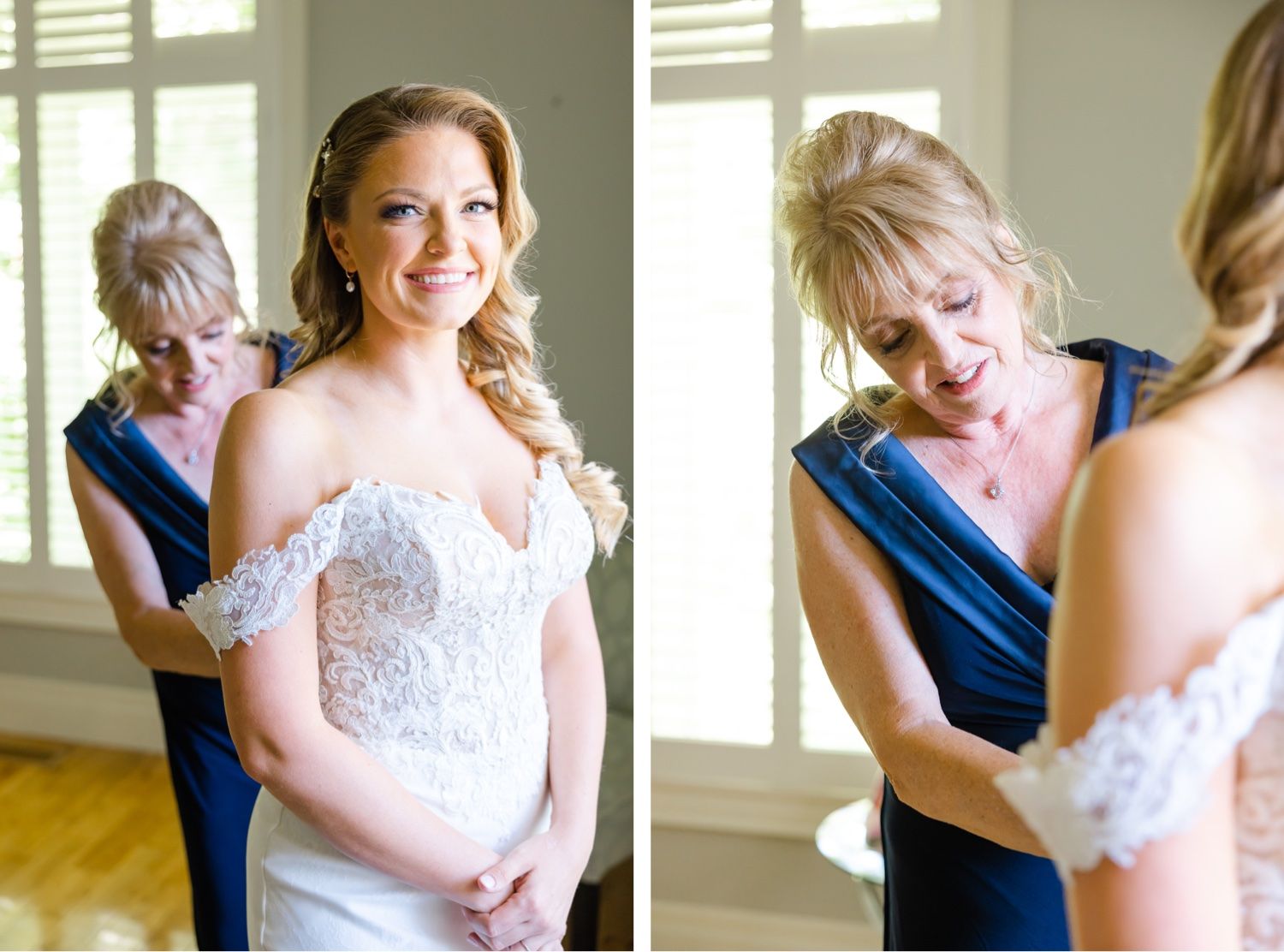 A tender dress fitting moment captured in natural window light.