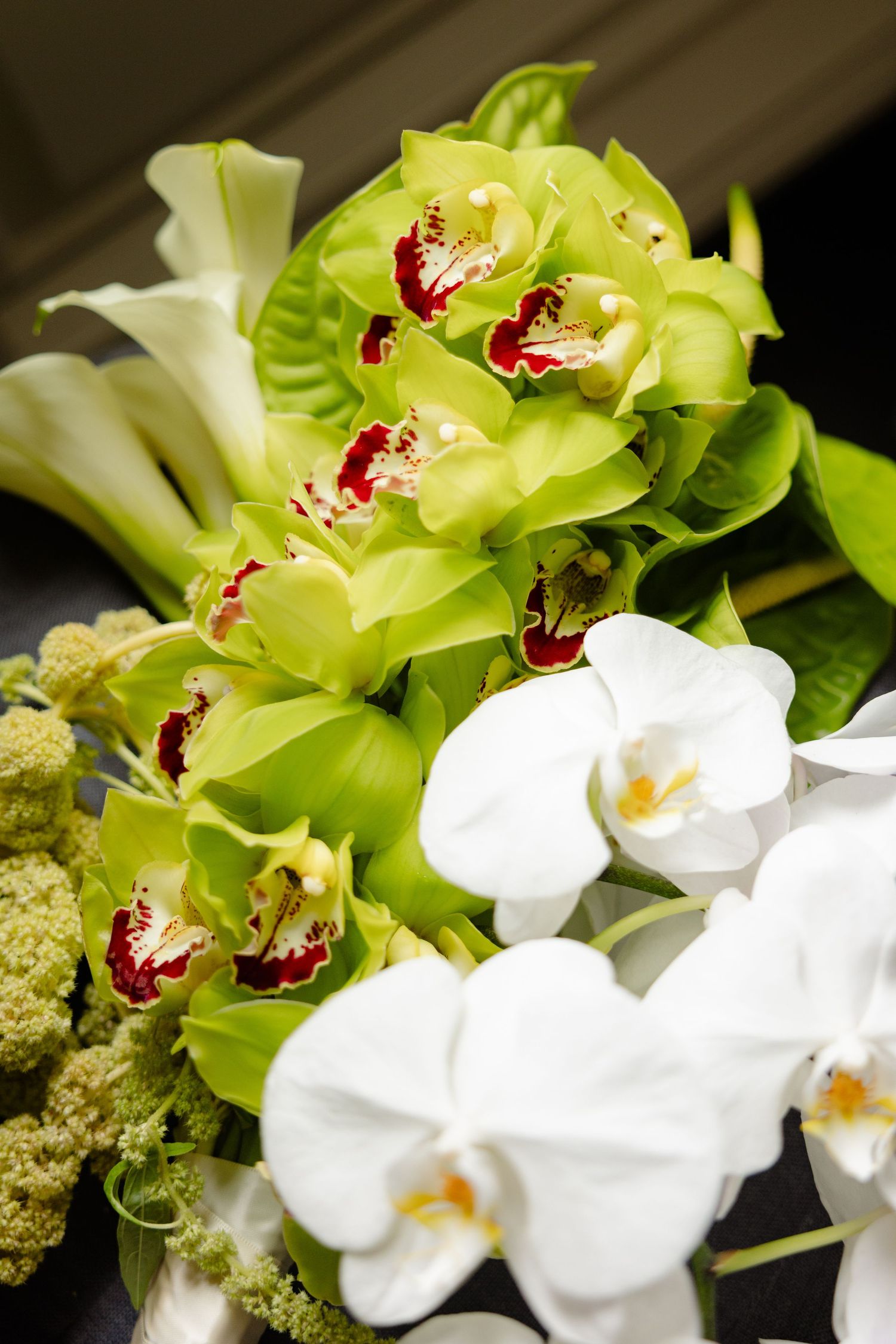 Elegant arrangement of green cymbidium orchids alongside pure white phalaenopsis orchids against dark background.