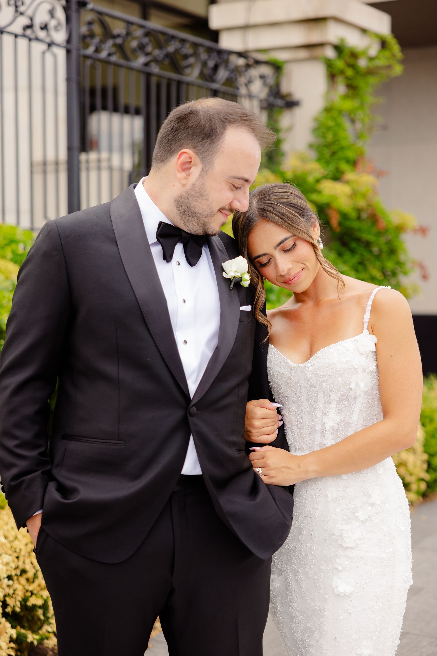 A romantic wedding photo sequence showing tender moments between a bride in white and groom in black tuxedo.