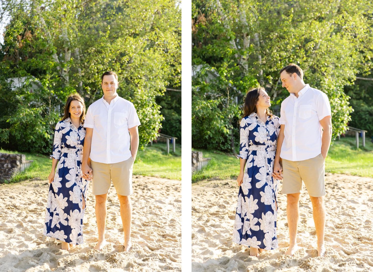 Side-by-side beach photos of a couple posing in casual summer attire.