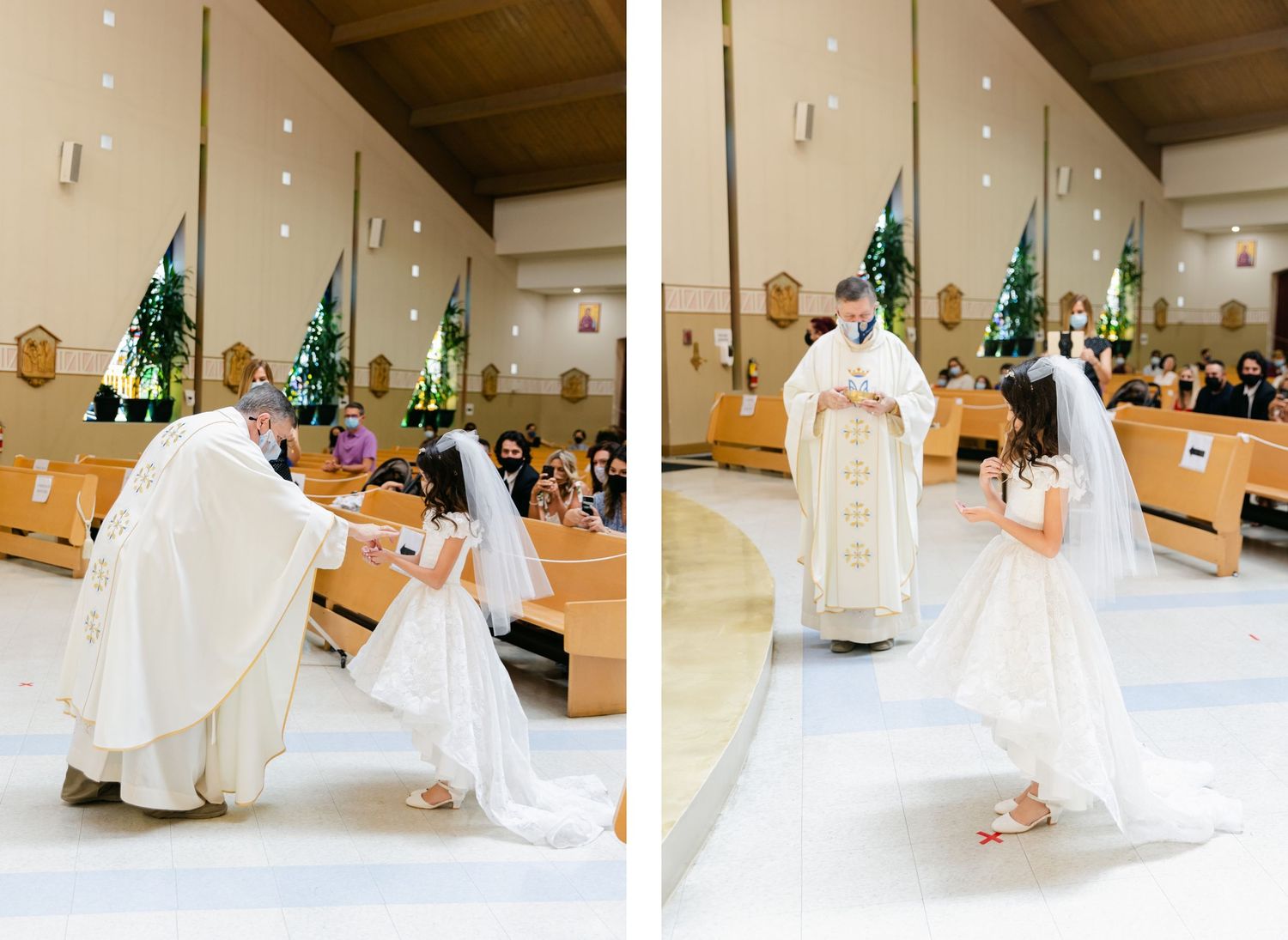 Religious ceremony with priest and participant in white dress at church altar.