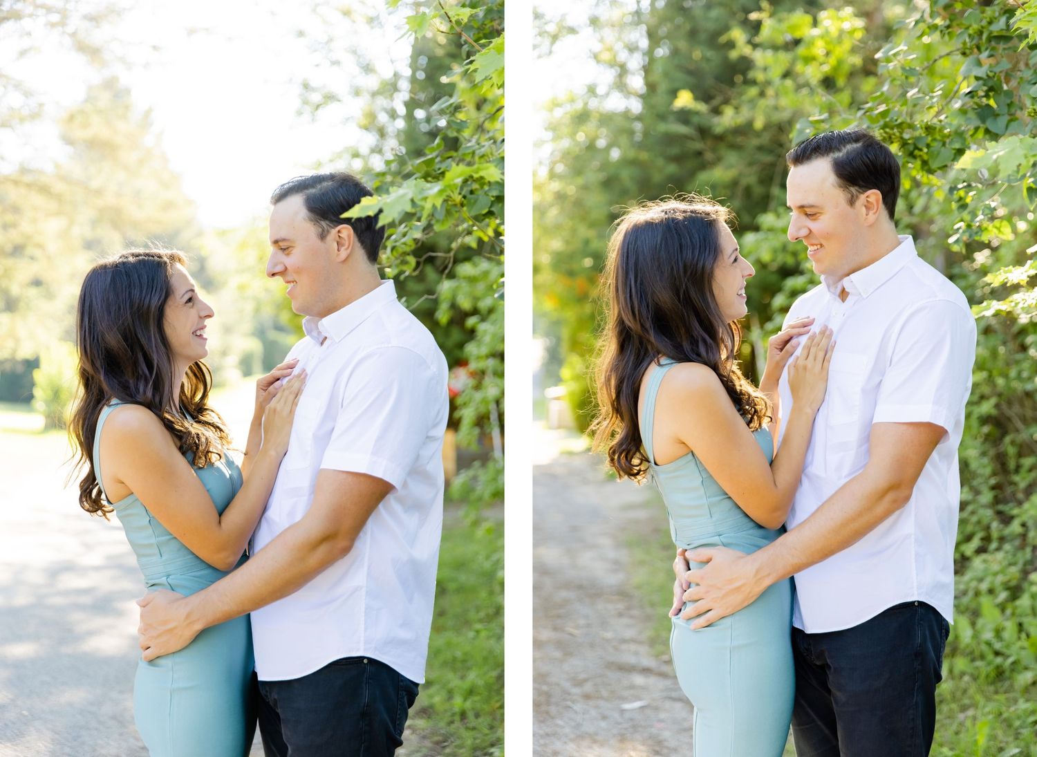 Couple in casual attire embracing outdoors in natural sunlight.