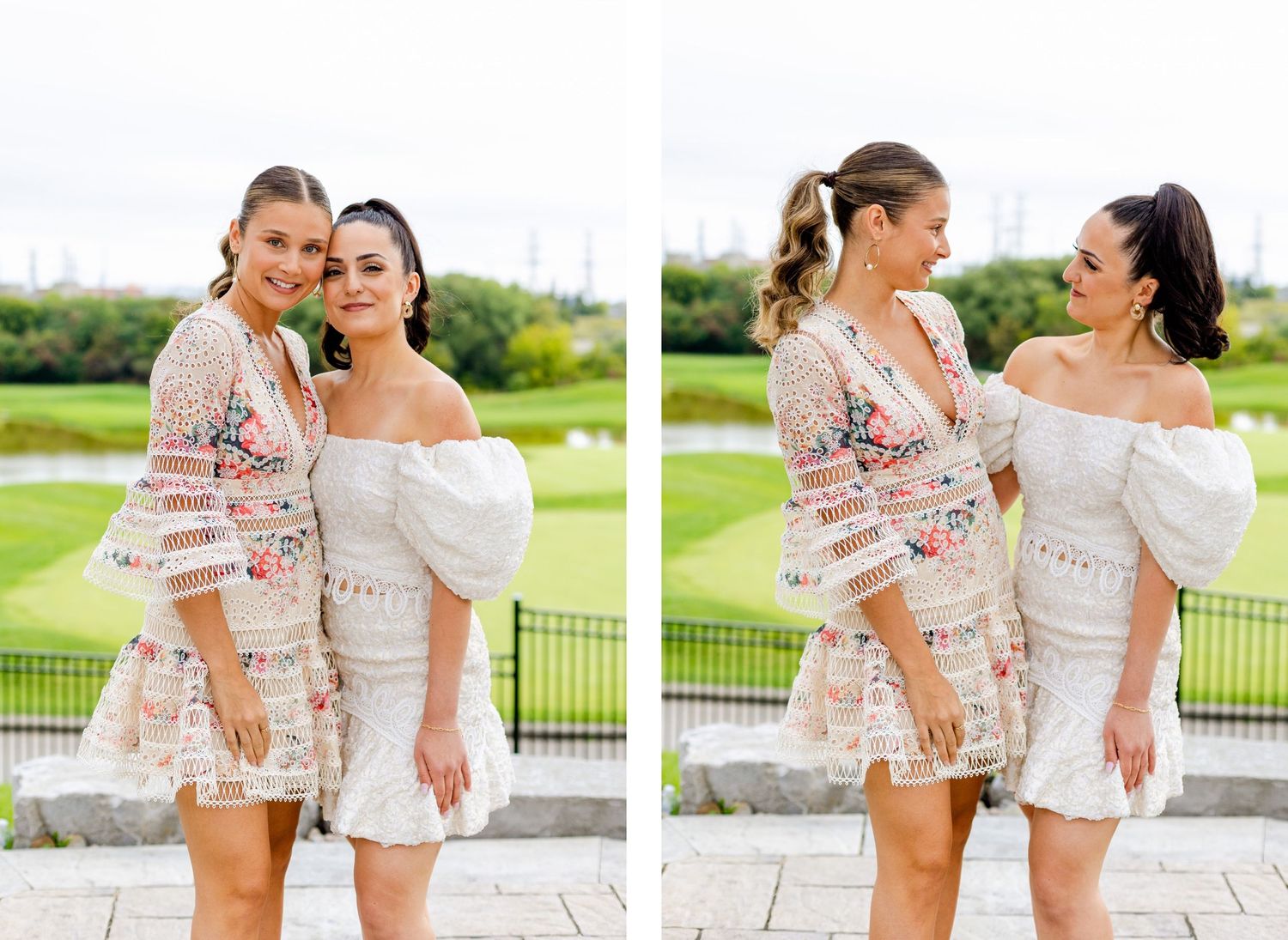 Side by side photos of two friends laughing and posing in summer dresses on outdoor patio.