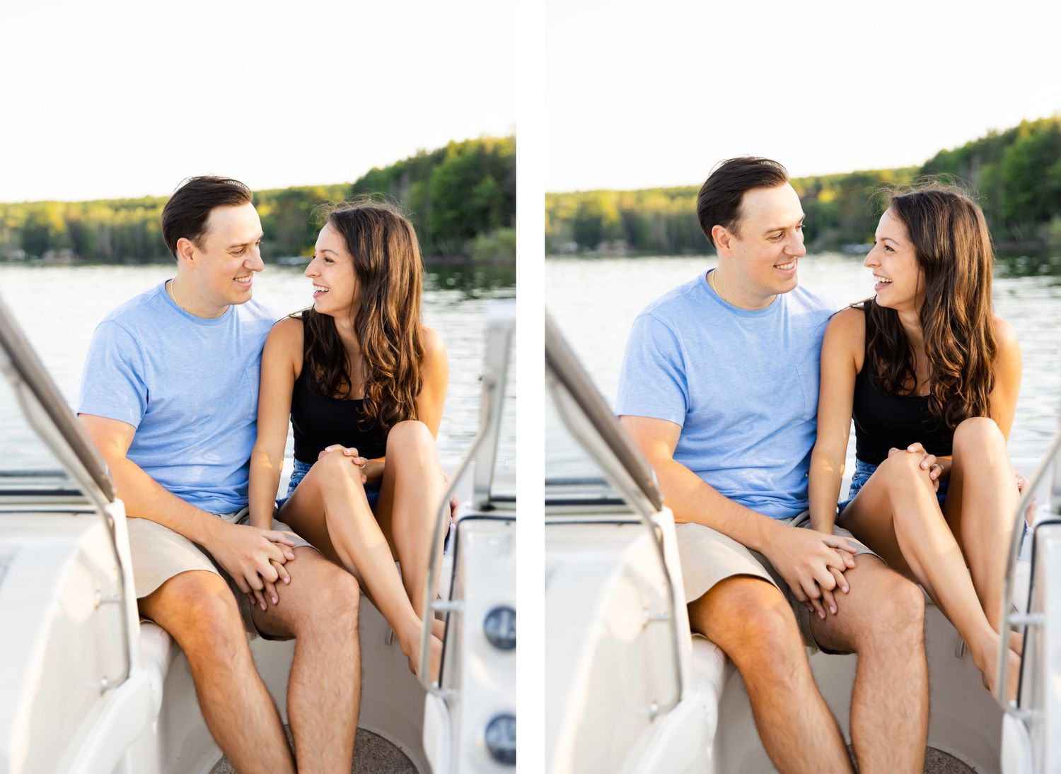 Side by side romantic boat photos showing couple sharing intimate moment on deck.