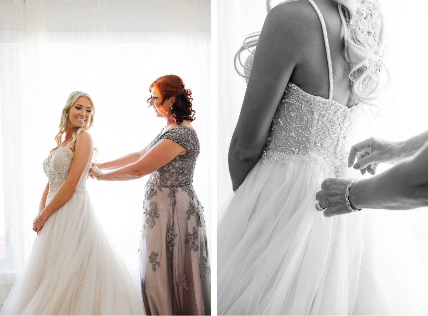 Black and white split image showing wedding dress preparation moments.