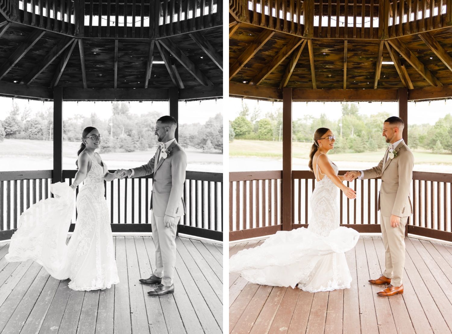 Side by side wedding photos in color and black and white show a couple dancing in a wooden gazebo.