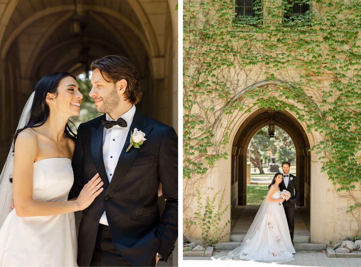 Wedding photographs in historic stone archway with ivy-covered walls.