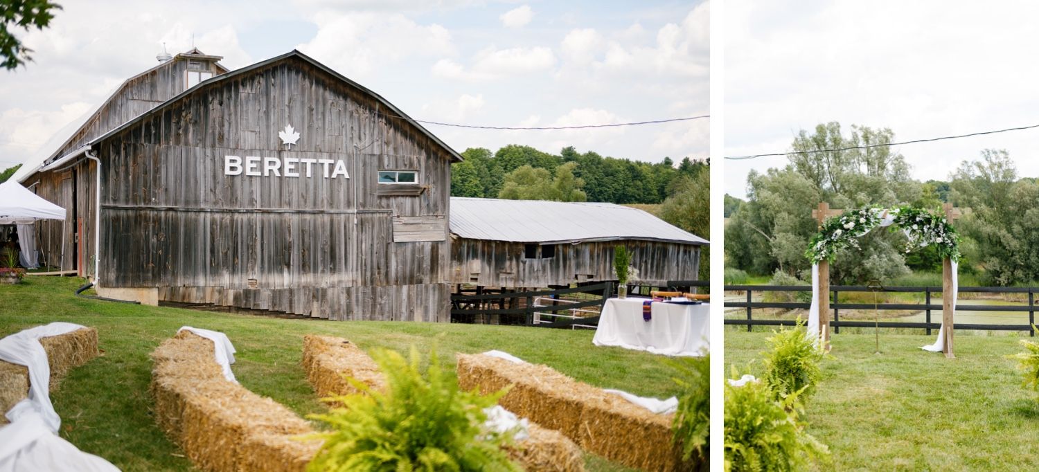 Rustic barn wedding venue with white fence and landscaped grounds.