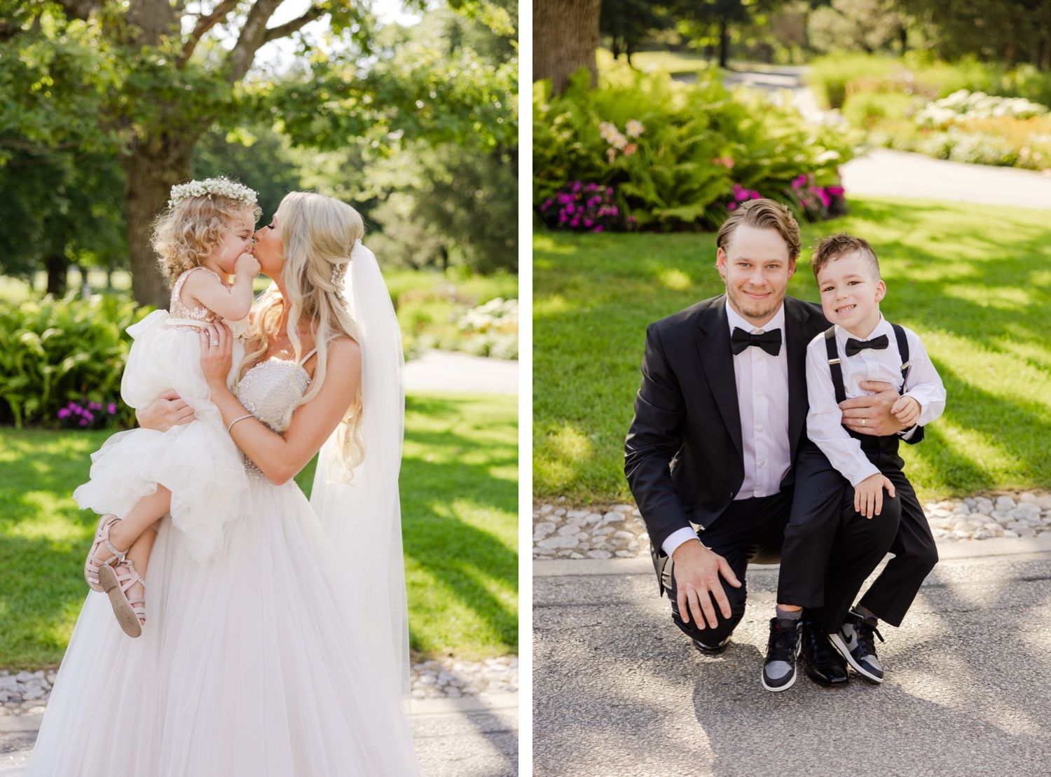 Wedding day collage showing intimate moments between bride and family in an outdoor garden.