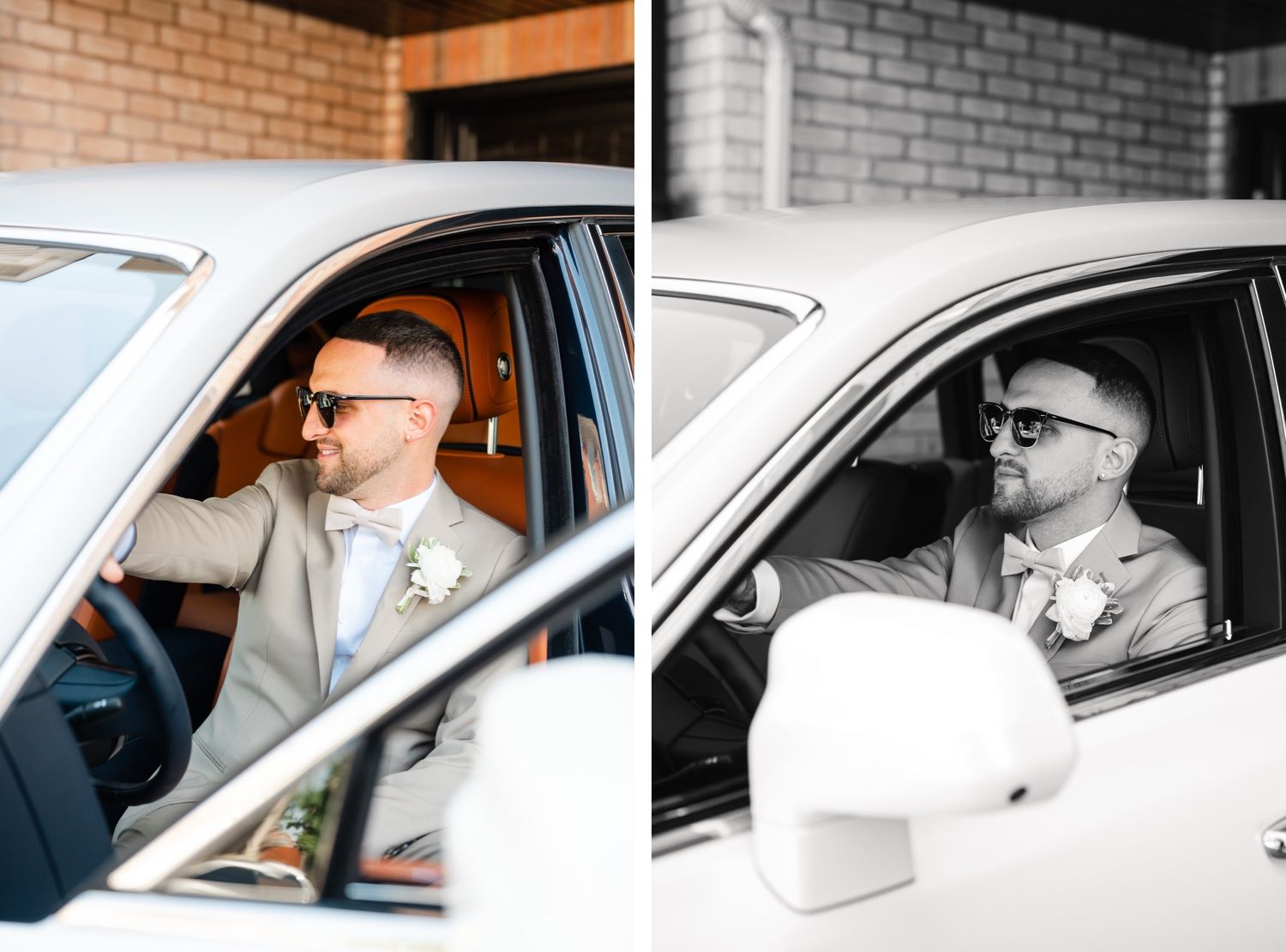 Side-by-side color and black-and-white photos of groom sitting in driver's seat of luxury car.