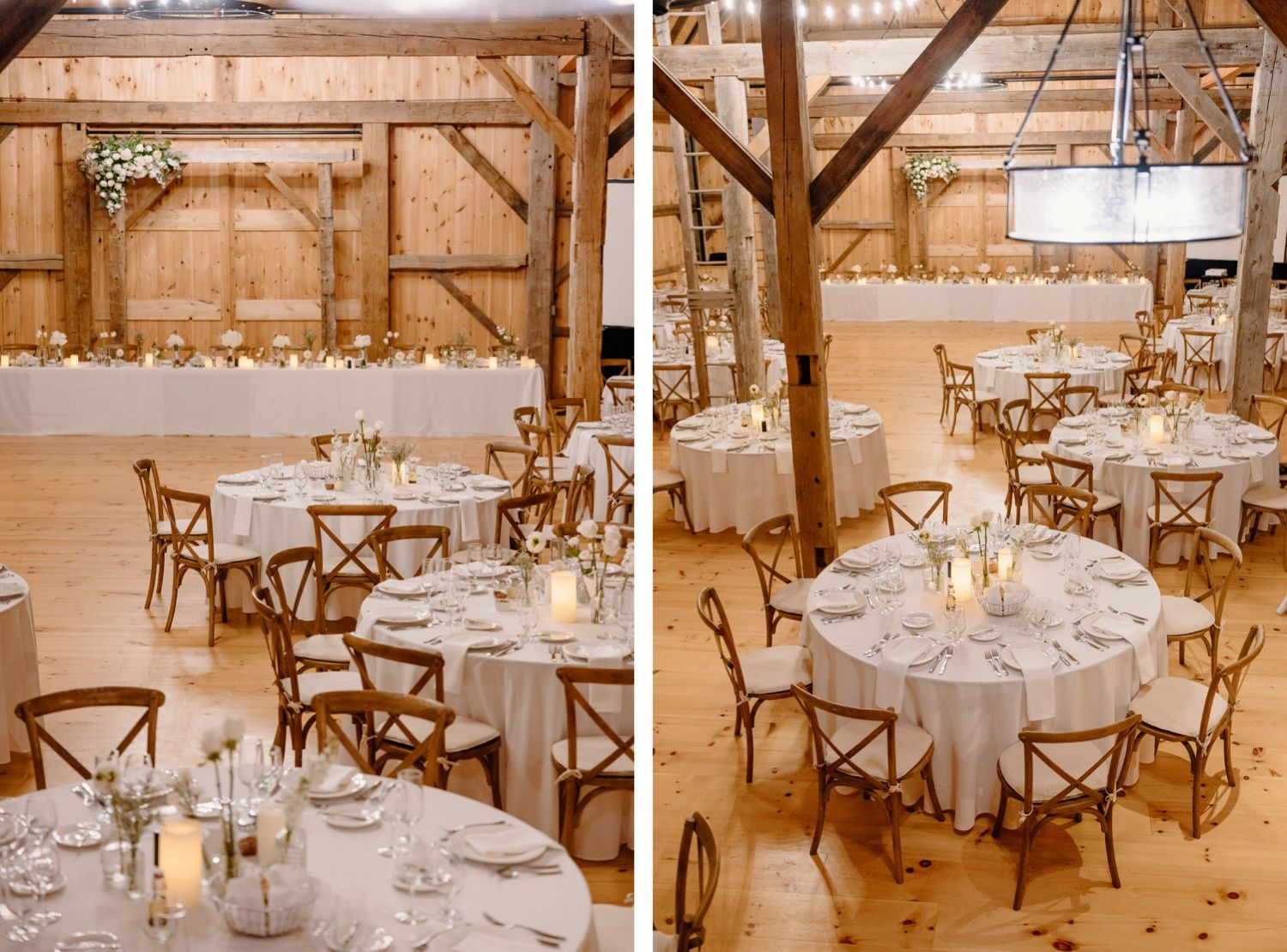 Elegant rustic barn wedding reception setup with white tablecloths and wooden cross-back chairs.