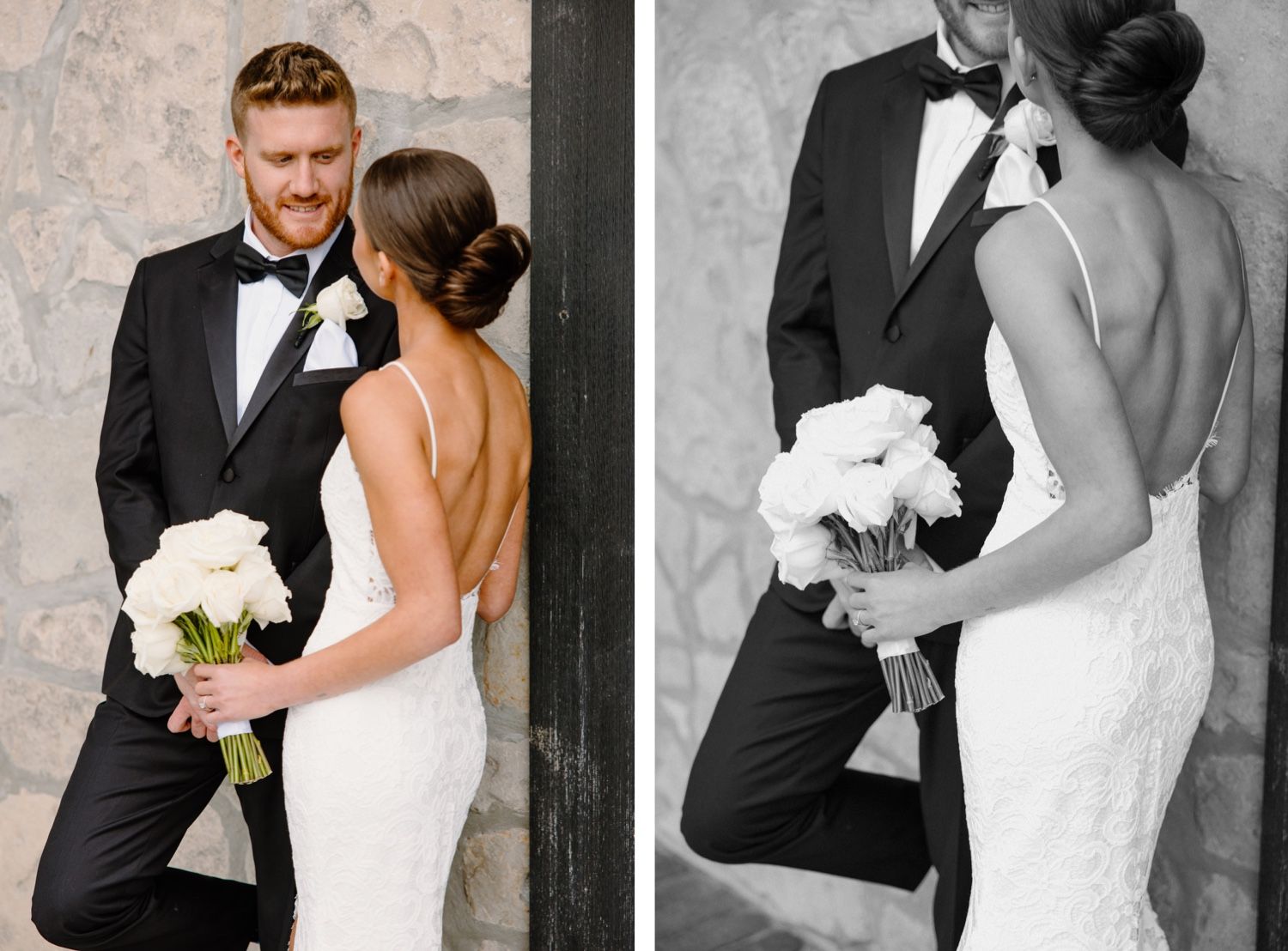 Side by side wedding portraits in color and black and white against textured wall.