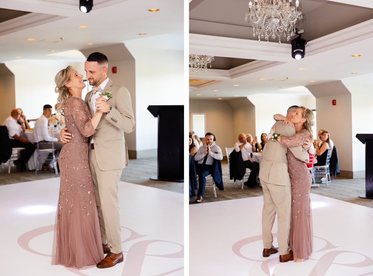 Two pairs dancing on a white ballroom floor during a wedding reception.