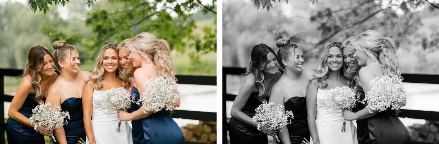 Candid wedding party photos showing joyful celebration moments in black and white and color.
