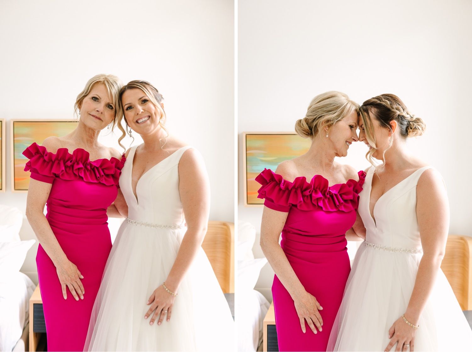 Candid wedding preparation moments shown in color and black-and-white formats.