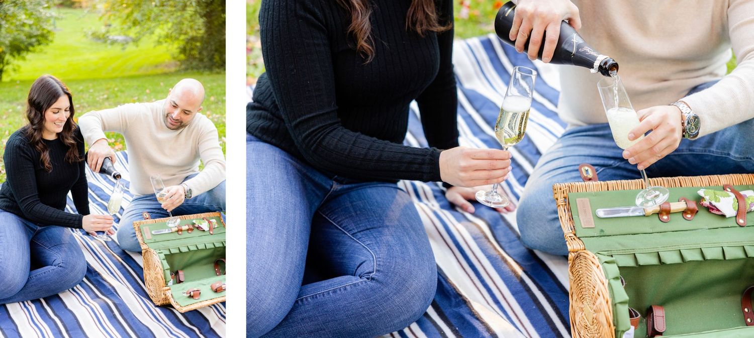 Candid shots of couple playing a wooden board game during outdoor picnic.