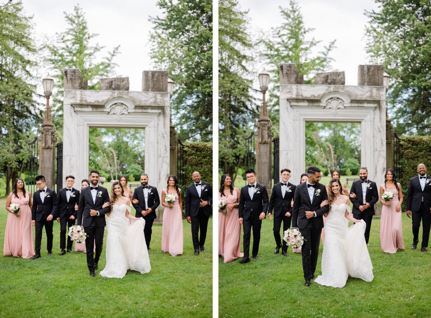 Side-by-side wedding party portraits in front of an elegant stone archway surrounded by greenery.