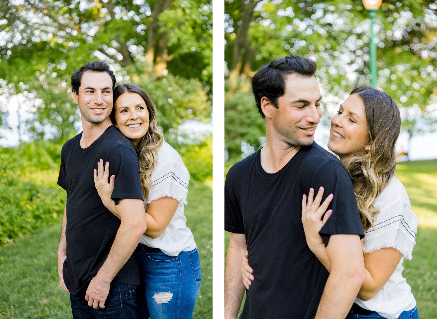 A couple shares affectionate moments in a park setting during a sunny day photoshoot.