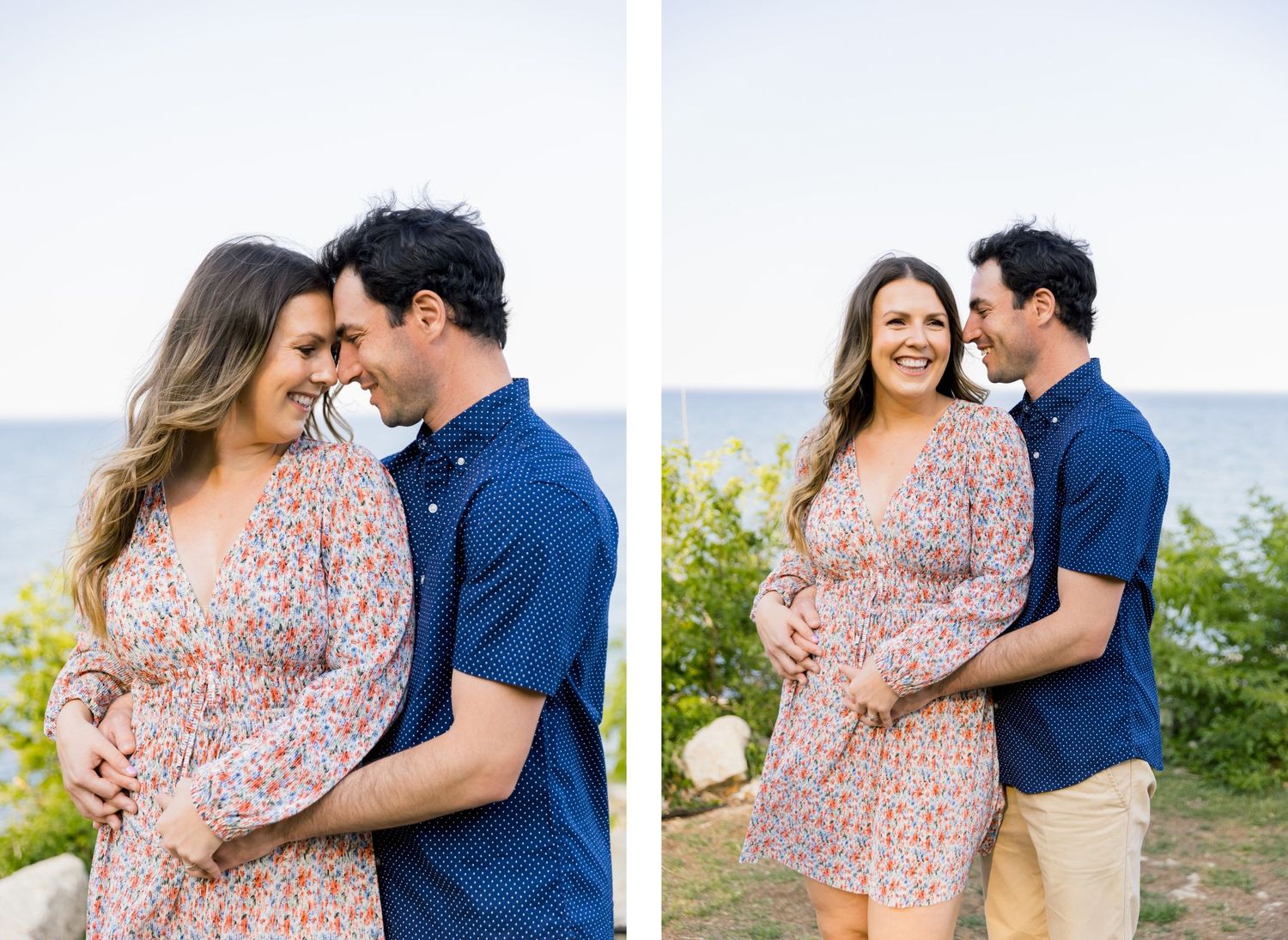 Side by side photos show a couple embracing against an ocean backdrop on a sunny day.