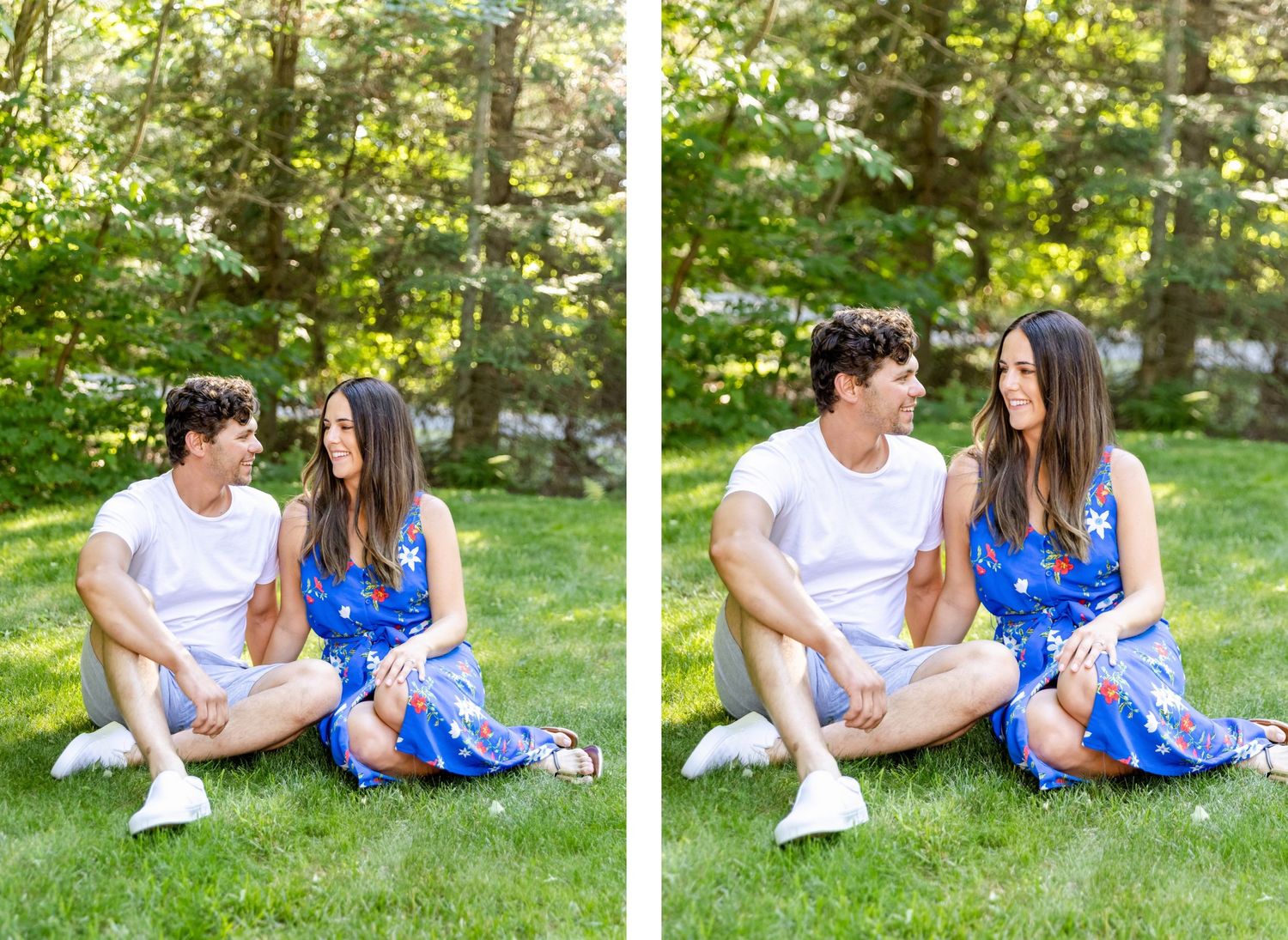 A couple sits together on grass in a sunny park setting during a photo session.